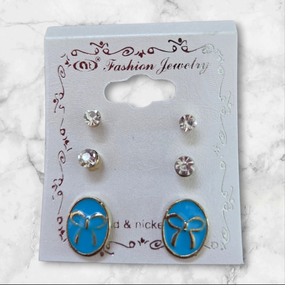 Fashion Jewelry Blue Enamel Bow and Crystal Stud Earring Set